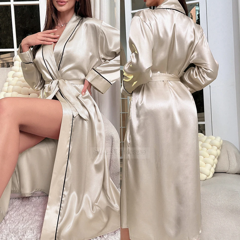 Sommer Satin Nachtwäsche Nachthemd Weibliche Lange Kimono Bad Robe Kleid Sexy Nachthemd Frühling Lose Beiläufige Hause Dressing Kleid Image
