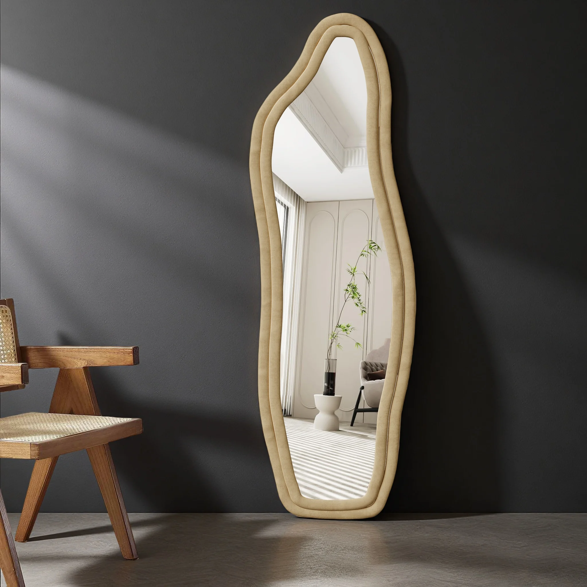 WoodenAura Ganzkörperspiegel 160x50 cm, Samtrahmen, unregelmäßig geschwungene Form, standspiegel ganzkörperspiegel, standspiegel