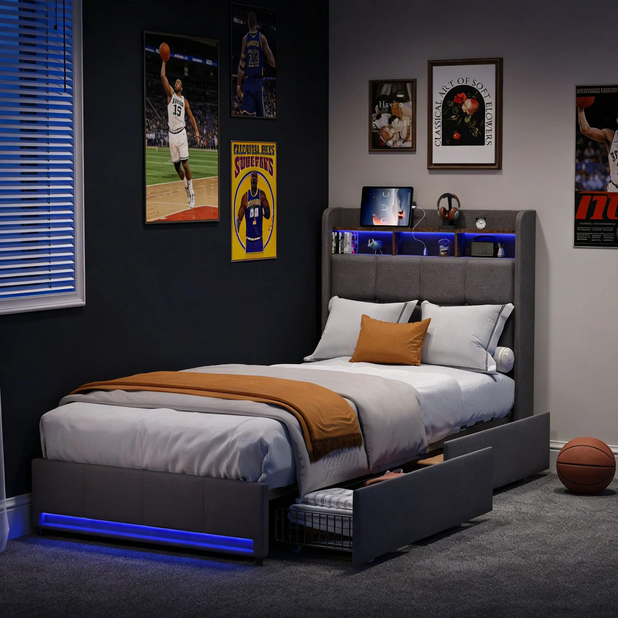 Polsterbett 90x200, LED Einzelbett mit USB Typ C Ladefunktion, 2 Schubladen, Jugendbett 90x200 cm, Stauraumbett Funktionsbett Bettgestell mit Stauraum&Lattenrost, Leinen, Grau