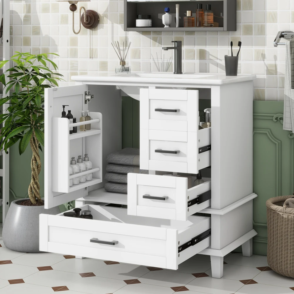 76 x 46 x 83, 5 cm, bodenstehender Badezimmerschrank mit Waschbecken, Volllack, Türregal, drei geräuschlosen Schubladen, integriertes Keramikwaschbecken