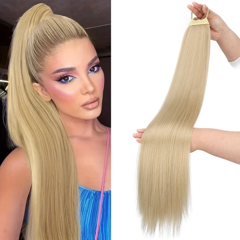 28-Zoll-synthetische lange gerade Pferdeschwanz-Haarverlängerungen, blonder brauner Pferdeschwanz mit elastischem Band für den täglichen Gebrauch von Frauen Image