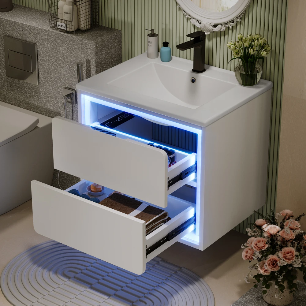 60 x 46 x 50 cm, platzsparender Badezimmerschrank zur Wandmontage, vollfarbiges LED-Radar-Sensorlicht, 2 Schubladen, leise Rutschen, integriertes Waschbecken