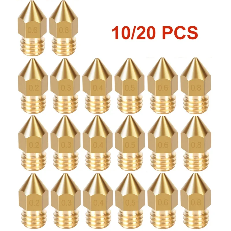 10/20 Pcs MK8 Messing Düse 0,2 MM 0,3 MM 0,4 MM 0,5 MM 0,6 MM Extruder Kopf düsen Für 1,75 MM CR10 CR10S Ender-3 3D Drucker Teile [\l Image