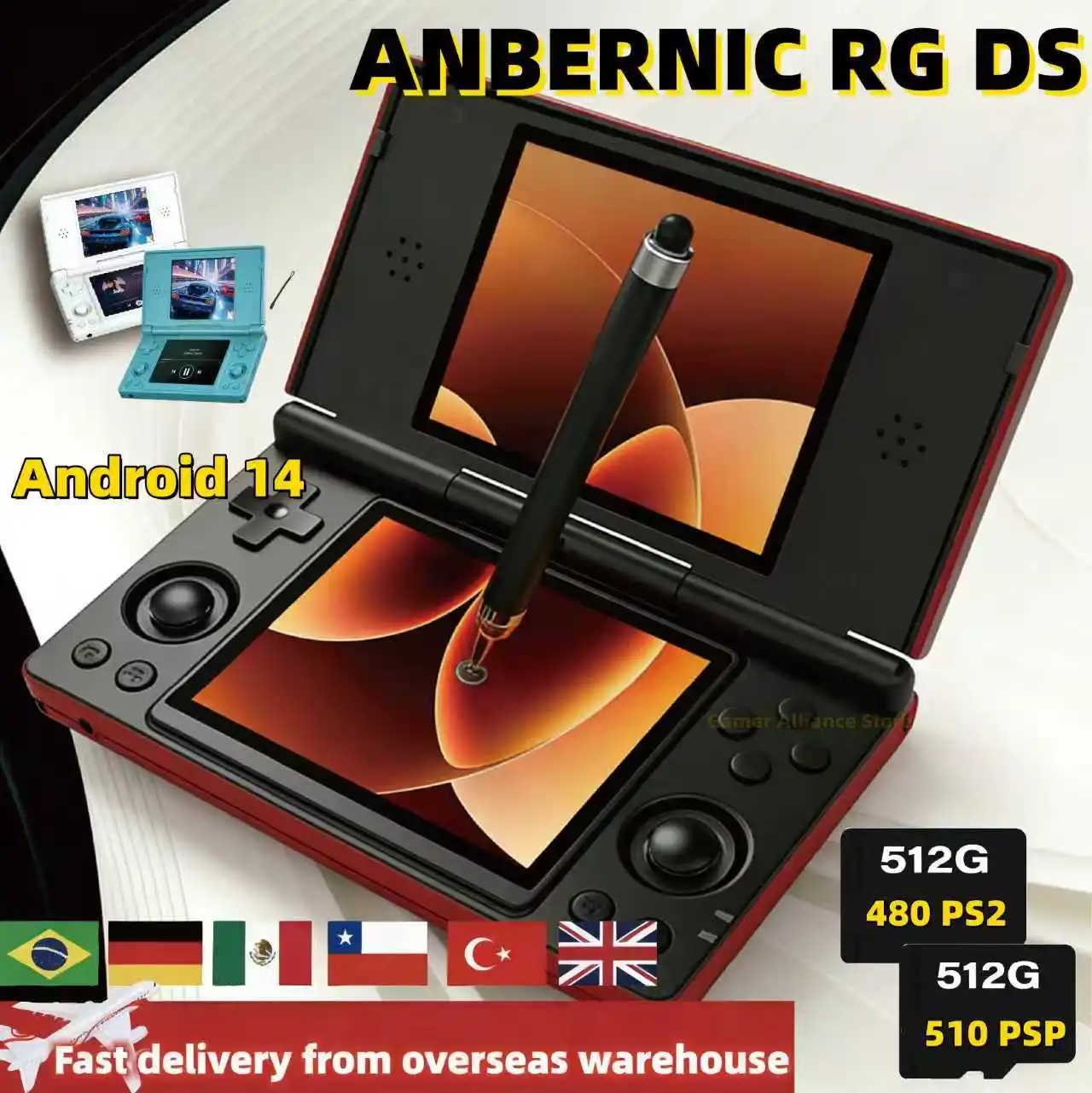 ANBERNIC RG DS Handheld-Spielekonsole Dual-Screen Flip Videospiele Player RK3568 64-Bit 4IPS Multi-Touchscreen Android14 4000 mAh