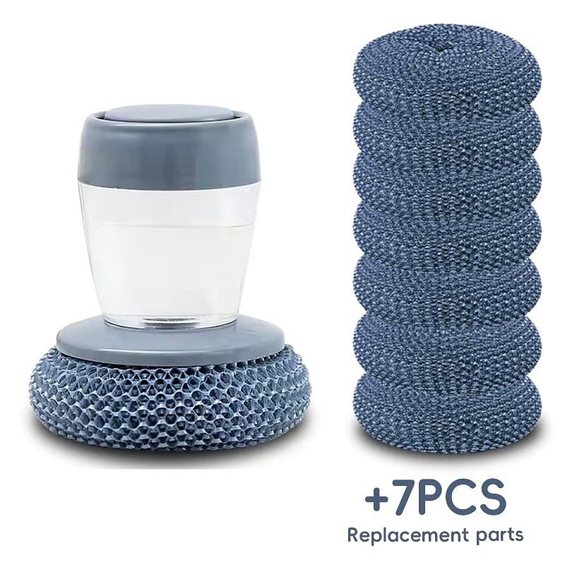 1 Dish Brush with Soap Dispenser with 7 replacement Parts, Soap-dispensing Dish Brush, Multi-functional Press-type Cleaning Tool, Space-Saving Kitchen/Bathroom/Grill Cleaner for Dishes, Pots, Pans