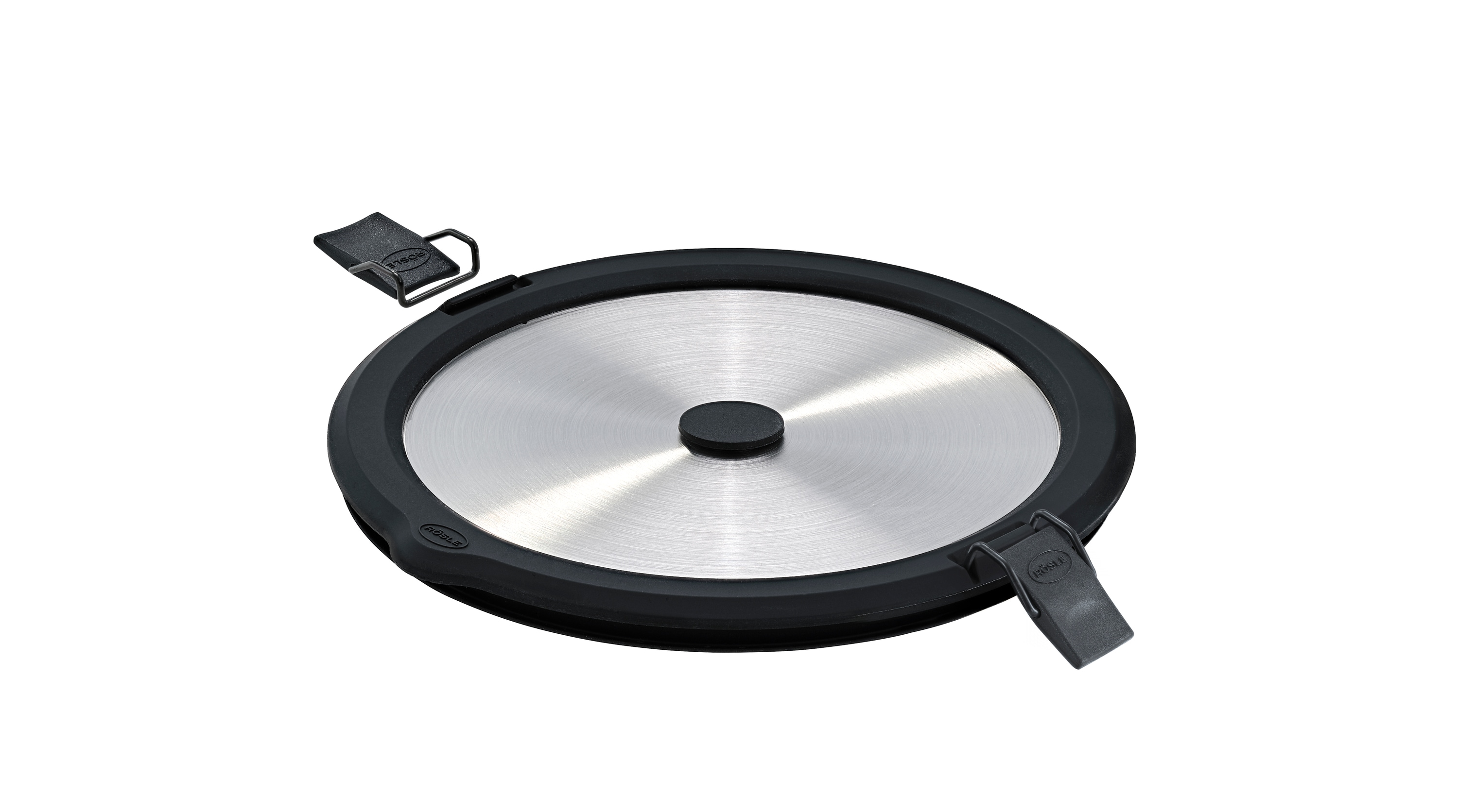 Deckel RÖSLE "Edelstahldeckel FLEXX 2GO 0,8 L rund mit Clips", silberfarben, schwarz, B:16,5cm H:1,6cm L:17cm, Edelstahl 18/10, Silikon, Deckel, Deckel für 0,8 L Dose FLEXX 2GO Image