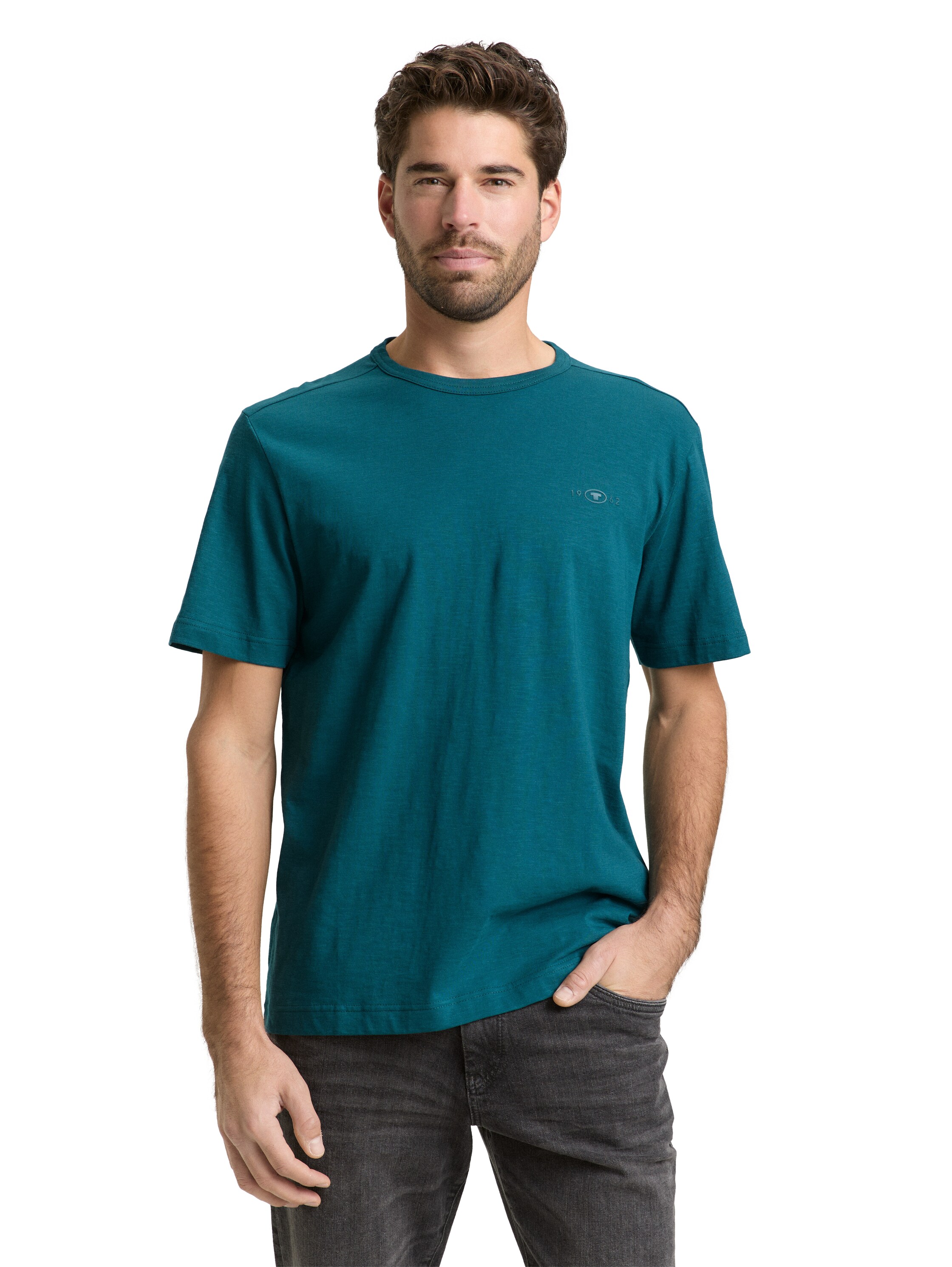 T-Shirt TOM TAILOR, Herren, Gr. M, deep meadow grün, Single Jersey, Obermaterial: 100% Baumwolle, regular fit taillenbedeckt, Rundhals, gerader Abschluss, Shirts T-Shirt, mit Logo Stickerei