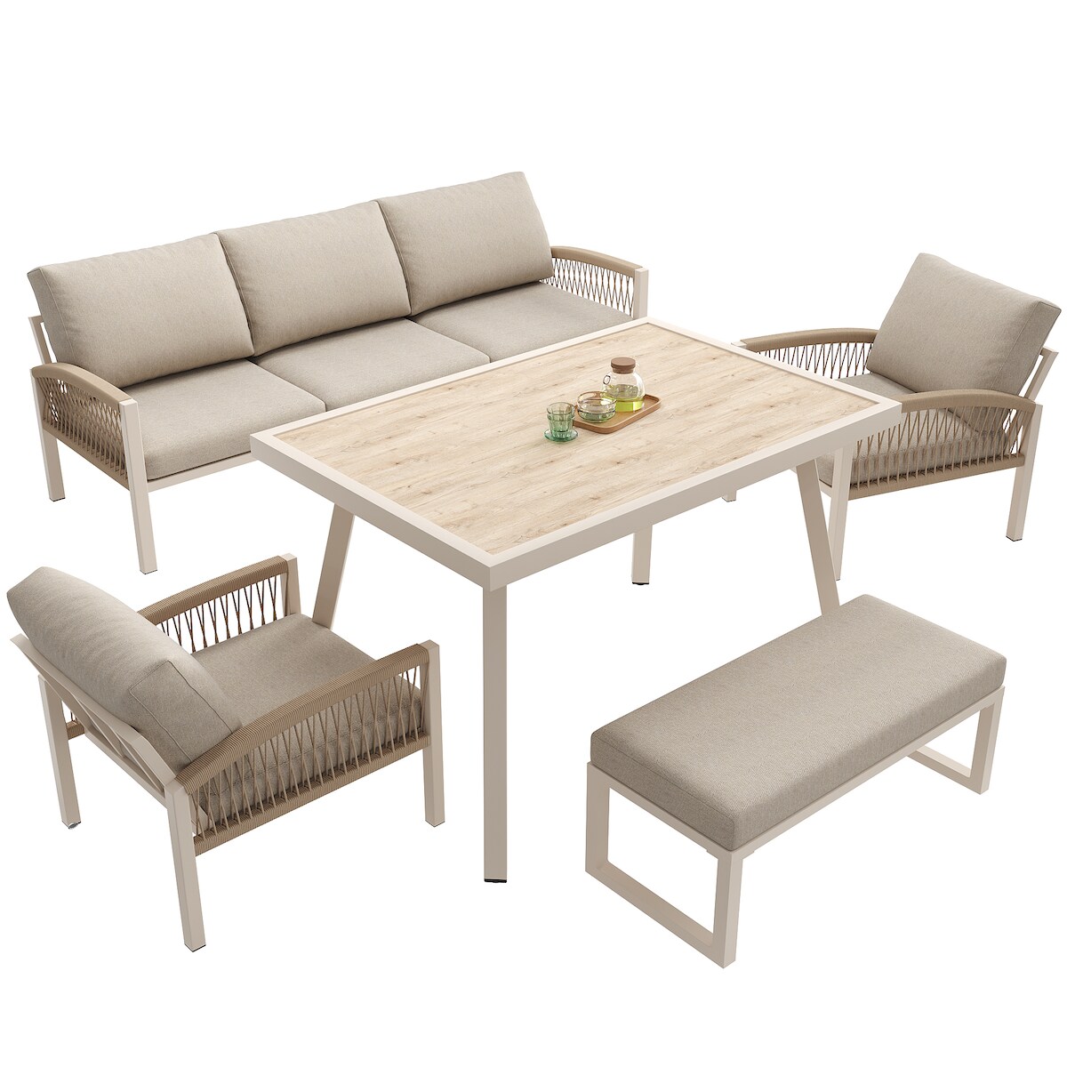 Merax Modulares Gartenmöbel-Set für 7 Personen, Dreisitzer-Sofa, 2 Einzelsofa, Hocker & Tisch(Holzglas), mit Sitzkissen & Rückenkissen, Beige Image