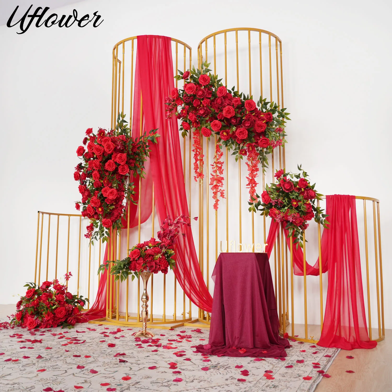 Uflower Rote Rose Hochzeit Hintergrund Bogen Dekor Hängen Blumenarrangement Bankett Tisch Herzstück Ball Bühne Gang Party Prop Image