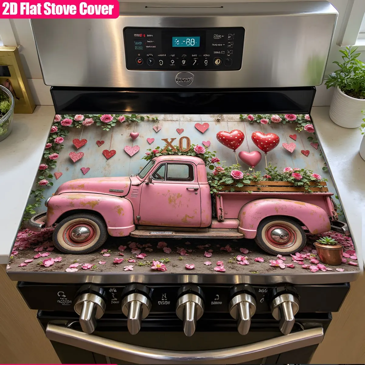 Retro Rosa Herdabdeckung mit Rosenherz-Motiv, Hitzebeständige Rutschfeste Schutzmatte für Elektroherd, Küchendekoration Image