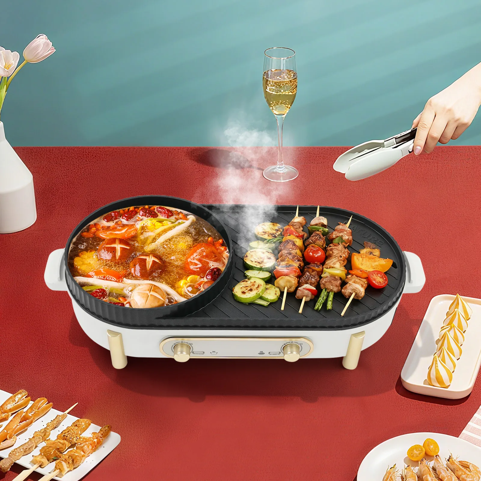 Elektrischer Hot Pot, elektrischer Grill und Hot Pot, 2-in-1-Hotpot-Topf und Grillplatte, Hot Pot mit doppeltem Verwendungszweck, runder Topf/Hot Pot mit zwei Geschmacksrichtungen Image