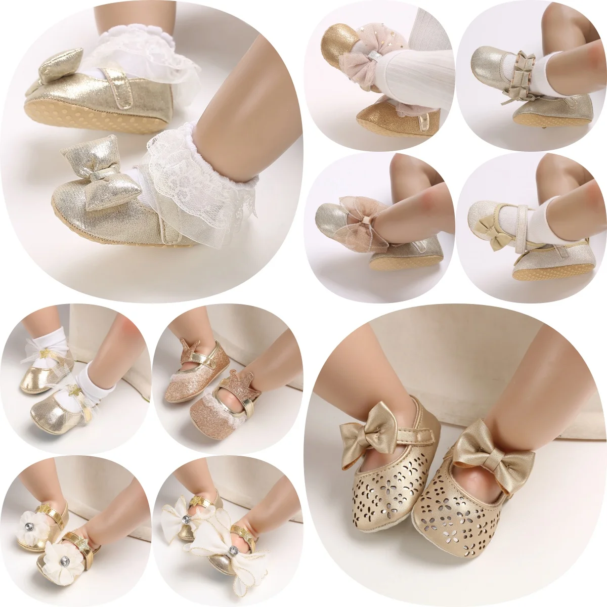 Goldene Babyschuhe für Mädchen von 0-18 Monaten, niedliche flache Schuhe mit Schleife, weiche Sohle, Prinzessinnen-Lauflernschuhe, formelle Babyschuhe