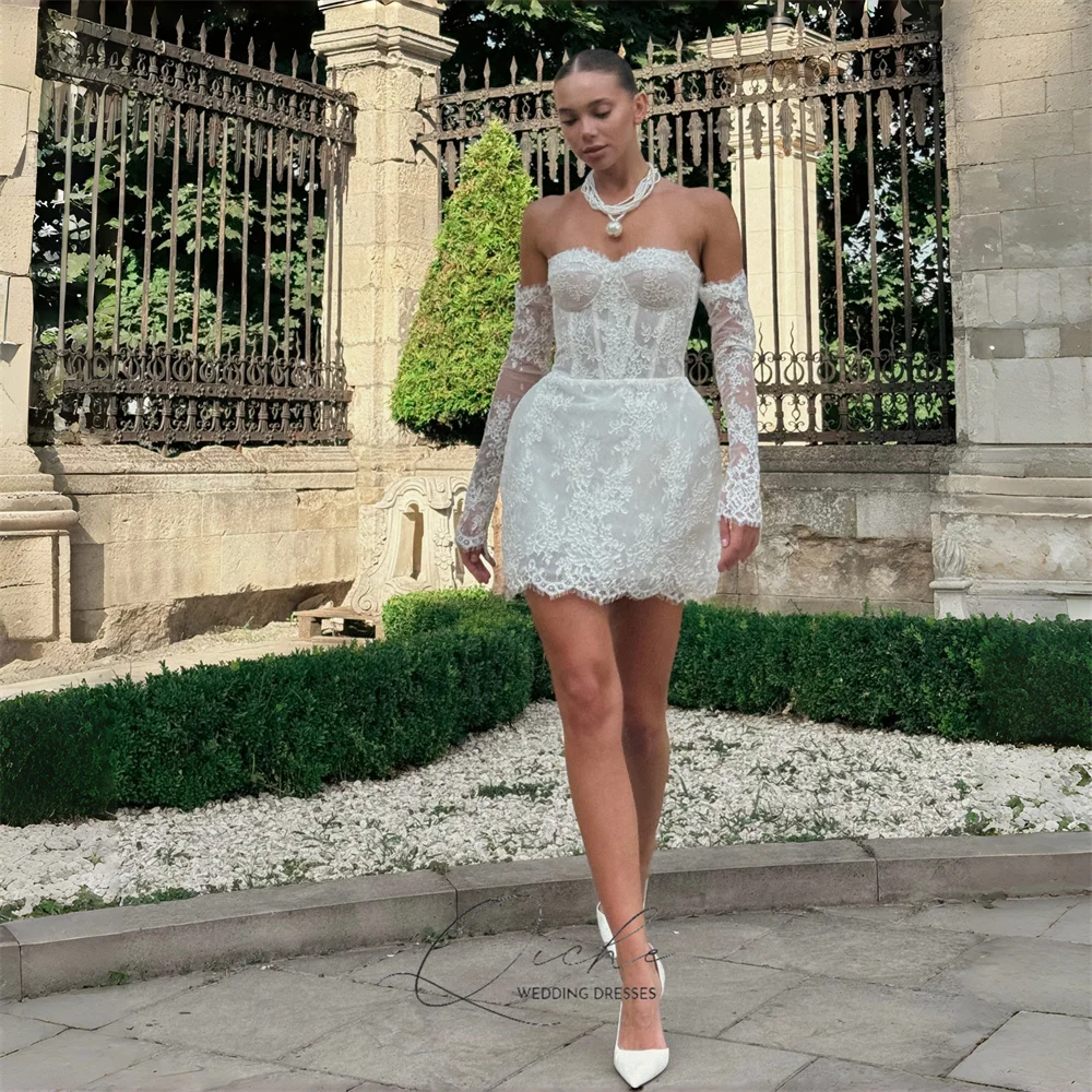 QICHE Luxury Sheath Short Wedding Dress Women 2026 Long Sleeves Sweetheart Open Back Party Gown Vestidos De Novia Customized