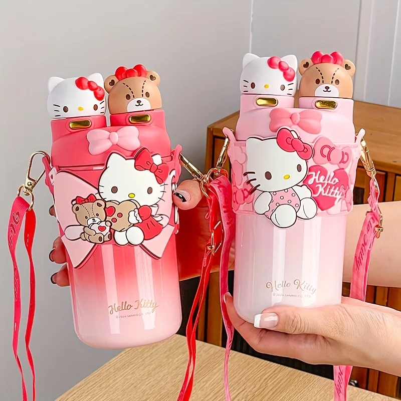 Hello Kitty Edelstahl-Isolierbecher, 550ML Tragbare Wasserflasche für Outdoor-Reisen, Zwei Trinkmöglichkeiten. Süßes Geburtstagsgeschenk Image