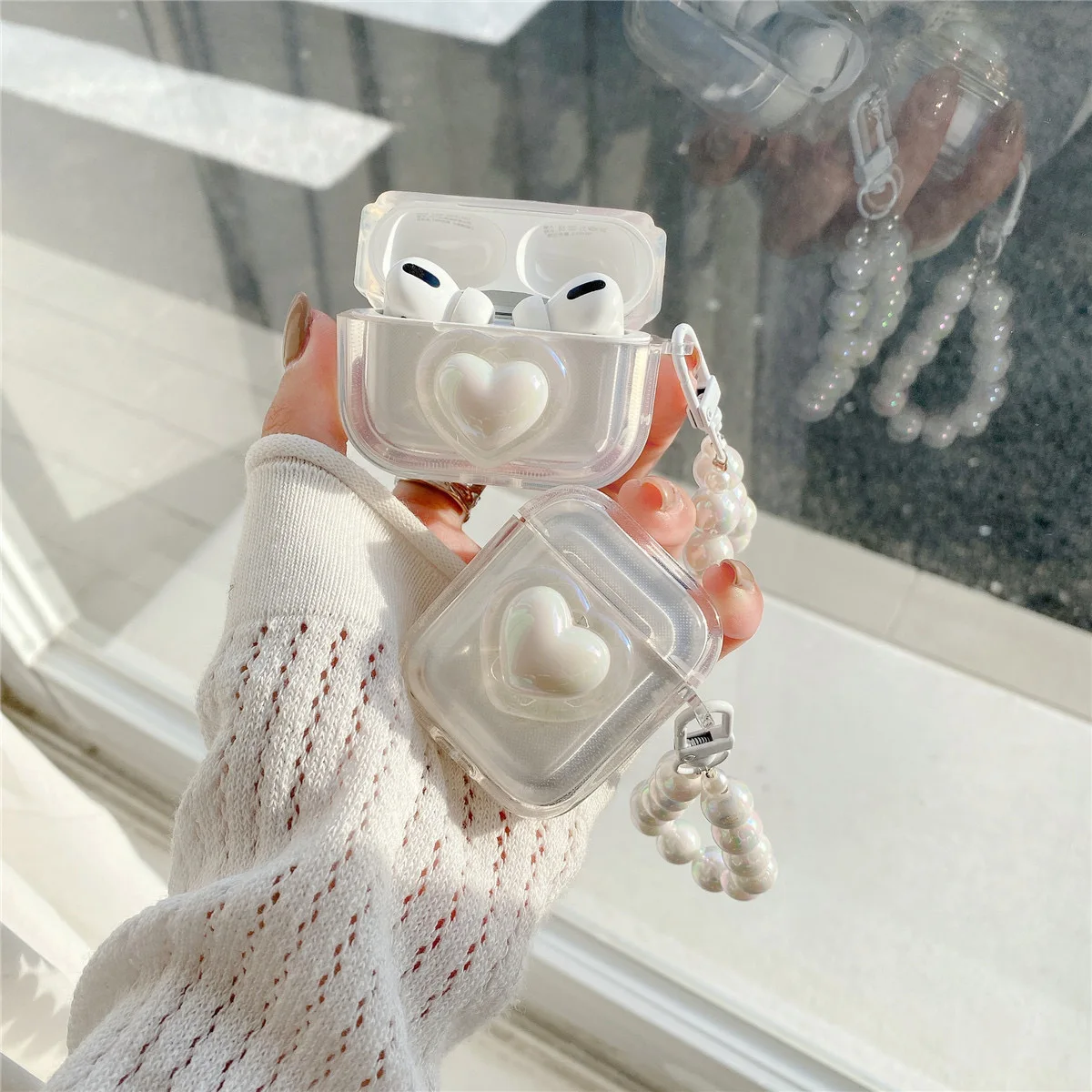 Einfache Laser Pearl Heart Kopfhörerhülle für AirPods 2 Pro 3. Generation Headset Ladebox Schutzhülle für Air Pods Schlüsselanhänger Image