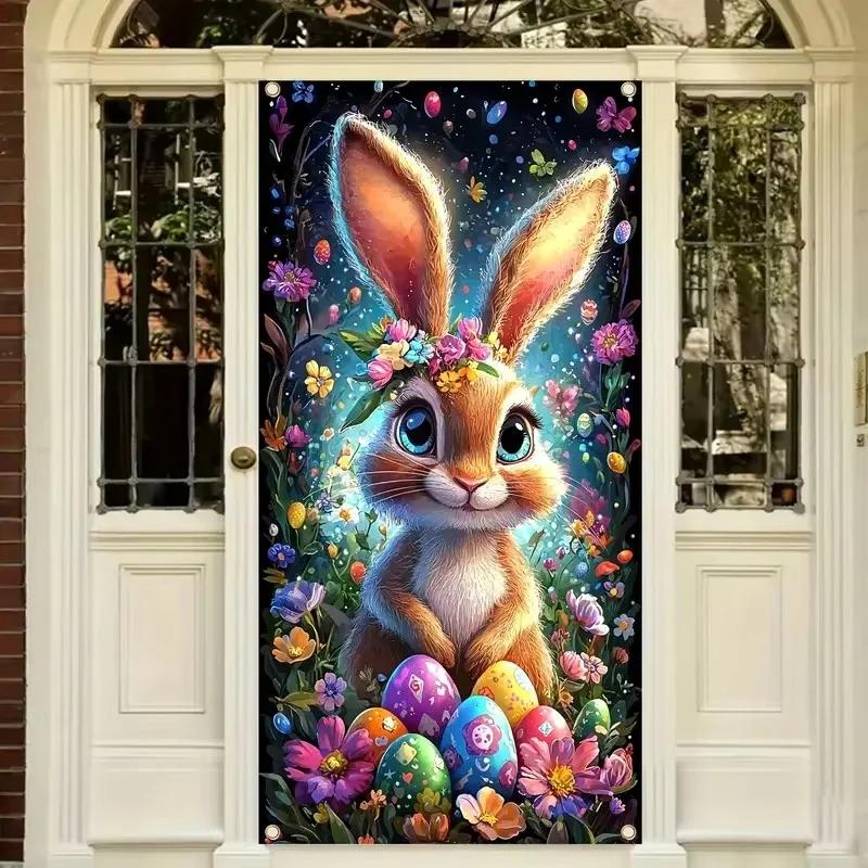 1Pc Ostern Bunny Tür Hängende Dekoration Bunte Ei Blume Tür Vorhang Hängen Tuch Festival Party Home Shop Dekoration Hintergrund tuch Image