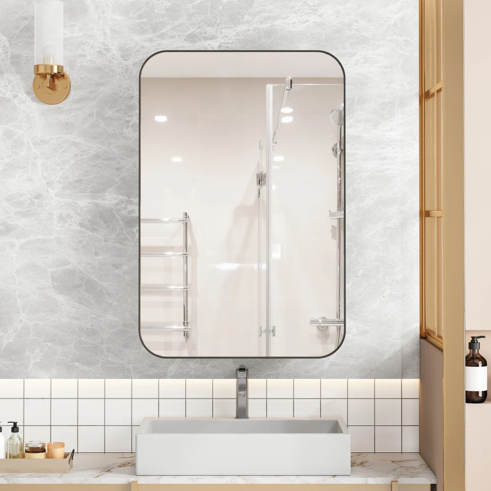 Stilvoller rechteckiger Spiegelschrank, versenkter Medizinschrank, Wandschrank mit Metallrahmen, Spiegel und verstellbaren Regalen