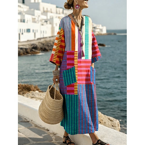 Damen Maxi Kleid Leinenähnliches Shift Kleid Lässig Alltag Lockerer Schnitt Graphic Geometrisch Gestreift Lange Ärmel V-Ausschnitt Blau Rot Lila Grün Sommer Frühling Image