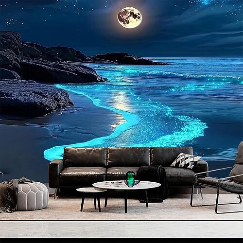 Biolumineszierender Wandteppich mit Strandmotiv, Mondlicht, Ozeanwellen, Nachthimmel und Sternenhimmel – Fantasielandschaft für Schlafzimmer, Wohnzimmer und als Dekoration. Image