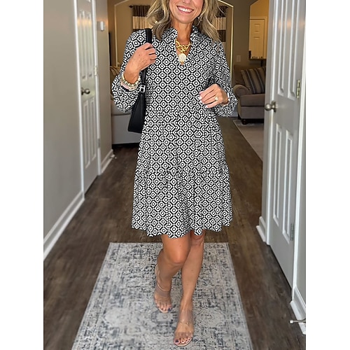 Damen Knielanges Kleid Kunstbaumwollleinen Hemdblusenkleid Freizeitkleid Druckkleid Elegant Mode Modern Outdoor Urlaub Ausgehen Normale Passform Grafik Langarm V Ausschnitt Kastanienbraun Schwarz Image