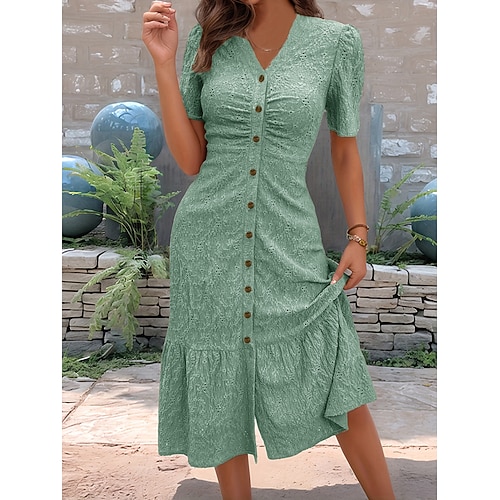 Damen Midikleid A Linie Kleid Urlaub Lässig Outdoor Ausgehen Normale Passform Einfarbig Kurzarm V Ausschnitt Hellgrün Marineblau Himmelblau Grün Sommer Frühling Image