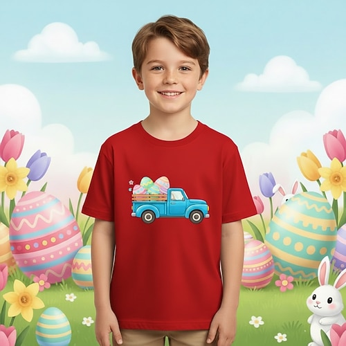 100% Baumwolle Ostern Kinder Jungen Blau Schwarz Weiß Grafik Auto T-Shirt Bluse Rundhalsausschnitt Kurzarm Täglich Outdoor Ostern Mode Streetwear Designer Drucken Sommer Frühling Image