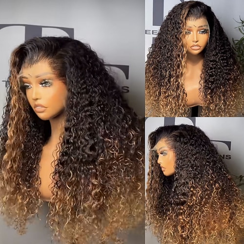 Echthaar 5x5 Verschluss 13x4 Spitzenfront Perücke Freier Scheitel Brasilianisches Haar Lockig Wasserwelle Hellbraun Perücke 150% 180% Haardichte mit Babyhaaren Ombre-Haar Hervorgehobenes Image