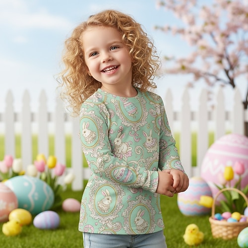 Ostern Mädchen 3D Grafik Kaninchen T-Shirt Langarm 3D-Druck Frühling Herbst Sport Mode Streetwear Kinder 4-12 Jahre Rundhalsausschnitt Lässig Täglich Outdoor Normale Passform Image