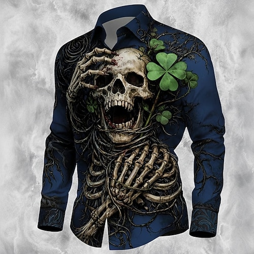 St. Patrick's Day Herren Vierblättriges Kleeblatt Shamrock Skelett Hemd Knopfhemd Langarm Vintage Retro Party Feiertag Frühling Herbst Umgeschlagen 3D Druck Kragenhemden Schwarz Dunkelrot Dunkelgrün Image