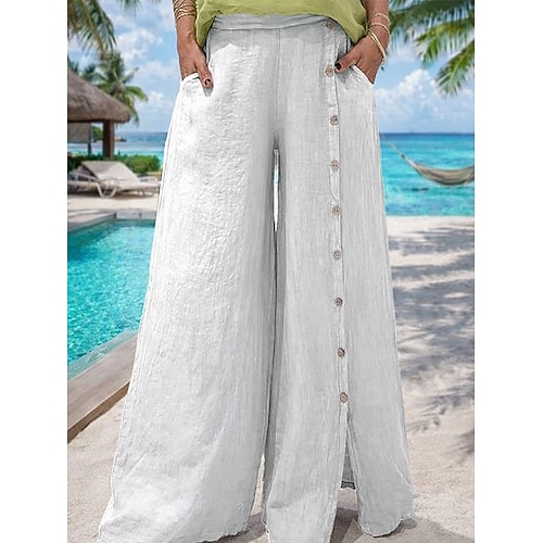 Damen Weites Bein Urlaub Basic Volle Länge Mittlere Taille Einfach Unelastisch Lässig Täglich Urlaub Tee Beige Schwarz Grün Sommer Frühling Lässiger Schnitt Image