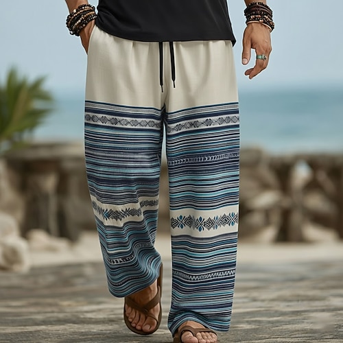 Herren Geometrisch Gestreift Ethnisch Hose Freizeithose Baggy-Hosen Mittlere Taille Vintage-Retro Heim Outdoor Urlaub Elastischer Kordelzug in der Taille Leinenähnliche Hose mit Taschen Sommer Image