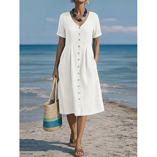 Damen Baumwoll-Leinen Midi Kleid A-Linie Kleid Lässig Alltag Reguläre Passform Einfarbig Kurzarm V-Ausschnitt Blau Schwarz Weiß Wein Sommer Frühling Image