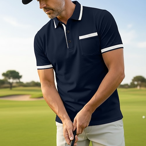 Herren Waffel-Poloshirts Polo Lässig Formell Gebänderter Kragen Kurzarm Mode Einfarbig Texture Farbblock Knöpfe Sommer Herbst Frühling Herbst Schmale Passform Weiß Burgunderrot Marineblau Grau Image