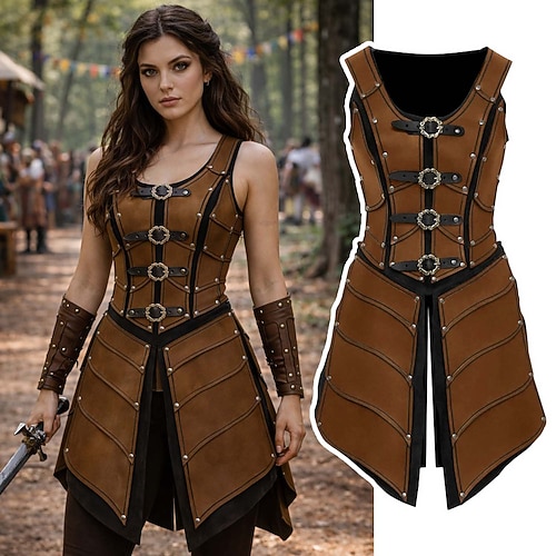 Mittelalterlich Renaissance Kleid Rüstung Weste Krieger Schildmaid Barbar Kostüm Damen Vikinger Fantasie Halloween Karneval Leistung LARP Renaissance-Messe Erwachsene Kleid Image