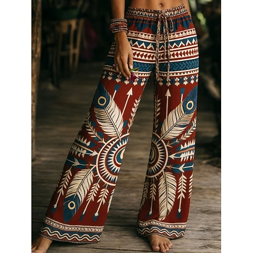 Damen Weites Bein Hosen Hose Urlaub Mode Boho Volle Länge Mittlere Taille Grafik Feder Tasche Elastischer Bund Druck Bequem Atmungsaktivität Unelastisch Täglich Outdoor Urlaub Rote Sommer Frühling Image