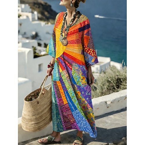 Damen Maxikleid Leinenähnliches Shift Kleid Freizeit Täglich Lockere Passform Grafik Geometrisch Langarm V-Ausschnitt Blau Orange Grün Rosarot Sommer Frühling Image