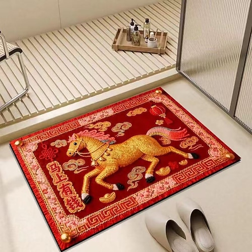Rote Badematte zum chinesischen Neujahr, Jahr des Pferdes, weiche Kieselgurmatte, festlich, saugfähig, rutschfest, für WC und Dusche Image