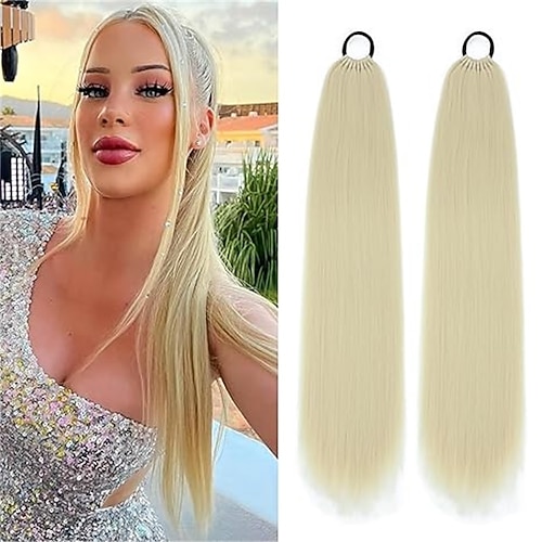 2 Packungen lange geflochtene Pferdeschwanz-Extensions mit Haargummis, natürliches weiches Kunsthaar, gerade, umwickelbare Haarverlängerungen für schwarze Frauen (braun, 24 Zoll (2er-Pack)) Image