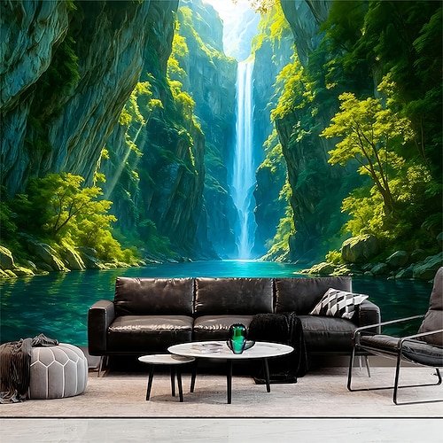 Wandteppich mit Bergsee- und Kiefernwaldmotiv, Naturlandschaft, schneebedeckter Gipfel, Wanddekoration für Wohnzimmer, Schlafzimmer, Studentenwohnheim oder Zuhause Image