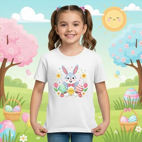 Oster-T-Shirt für Mädchen aus 100 % Baumwolle, blau, schwarz, weiß, mit Hasenmotiv, Rundhalsausschnitt, Kurzarm, für Urlaub und Sport Outdoor-Bekleidung für den Alltag, aktive Mode, lässige Prints, Image