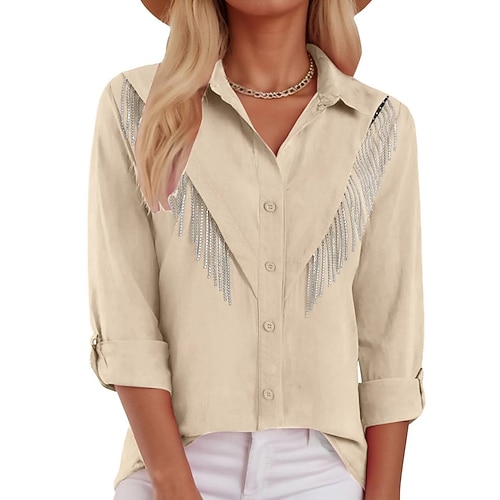 Damen Kleidhemd Knopfhemd Bluse Glitzer Knöpfe Strass Elegant Stilvoll Klassisch Langarm Umlegekragen Normale Oberteile Täglich Ferien Ausgehen Blau Schwarz Hellgrün Rosa Wein Sommer Frühling Image