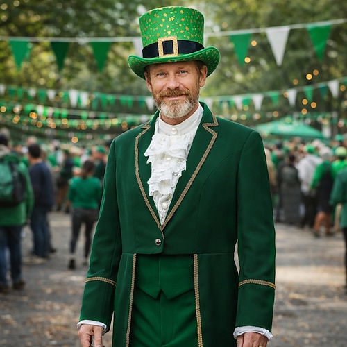 Set St. Patrick 2026 Retro Vintage Mittelalterlich Mantel Cosplay Kostüm Hut Prinz Edelmann Schwalbenschwanz Kostüm Herren königlich Steampunk Party Erwachsene Mantel Hut Image