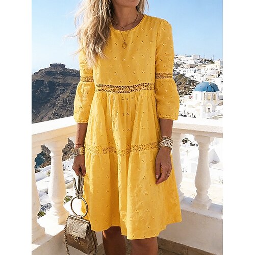 Damen Knielanges Kleid Weißes Spitzenkleid Kleid mit Lochstickerei Elegant Mode Modern Outdoor Strand Urlaub Lässiger Schnitt Einfach Halbarm Rundhalsausschnitt Blau Weiß Gelb Purpur Sommer Frühling