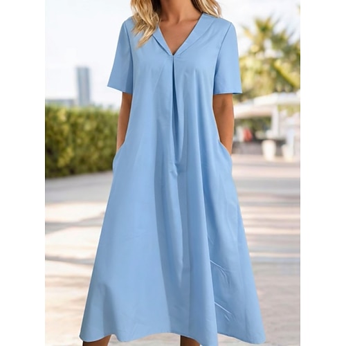 Damen Midikleid Kunstbaumwollleinen Shiftkleid Freizeitkleid Elegantes Kleid Elegant Mode Modern Outdoor Urlaub Ausgehen Lässiger Schnitt Einfach Kurzarm Rundhalsausschnitt Blau Gelb Dunkelgrün Grün Image