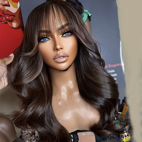 Echthaar 5x5 Verschluss 13x4 Spitzenfront Perücke Freier Scheitel Mit Pony Brasilianisches Haar Gewellt Dunkelbraun Perücke 150% 180% Haardichte mit Babyhaaren Natürlicher Haaransatz 100% Unbehandelt Image