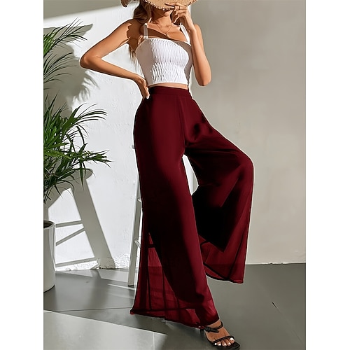 Damen Weites Bein Chinos Hosen Hose Urlaub Streetwear Lässig Volle Länge Hohe Taille Einfarbig Patchwork Elastischer Bund Bequem Atmungsaktivität Unelastisch Täglich Heim Outdoor Weinrot Dunkelbraun Image