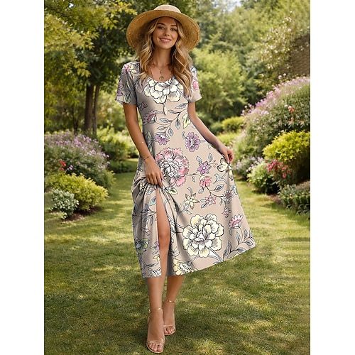 Damen Midikleid T-Shirt-Kleid A Linie Kleid Sommerkleid Urlaub Lässig Strand Normale Passform Blumen Grafik Kurzarm V Ausschnitt Blau Purpur Grün Beige Sommer Frühling Image