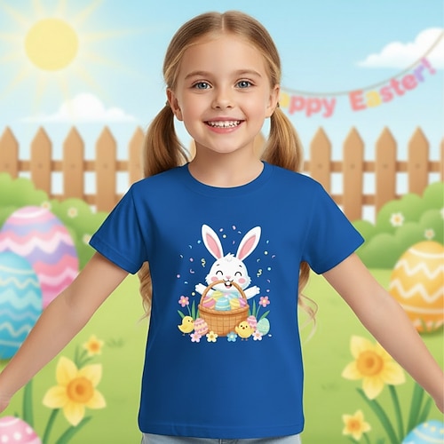 100% Baumwolle Ostern Kinder Mädchen Blau Schwarz Weiß Grafik Kaninchen T-Shirt Rundhalsausschnitt Kurzarm Täglich Outdoor Streetwear Aktiv Sport Designer Drucken Sommer Frühling Image