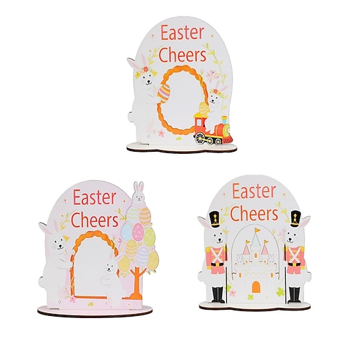 3er-Pack Oster-Holzornamente mit Hasen- und Karottenmotiven, Ostereierdekoration, Holzbastelarbeiten, Wohndekoration Image