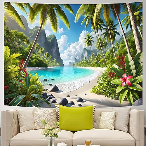 Tropischer Strand-Wandteppich mit Palmen, Meer, Küstenlandschaft, weißem Sand und Inselmotiv – Kunst für Wohnzimmer, Schlafzimmer und Zuhause Image